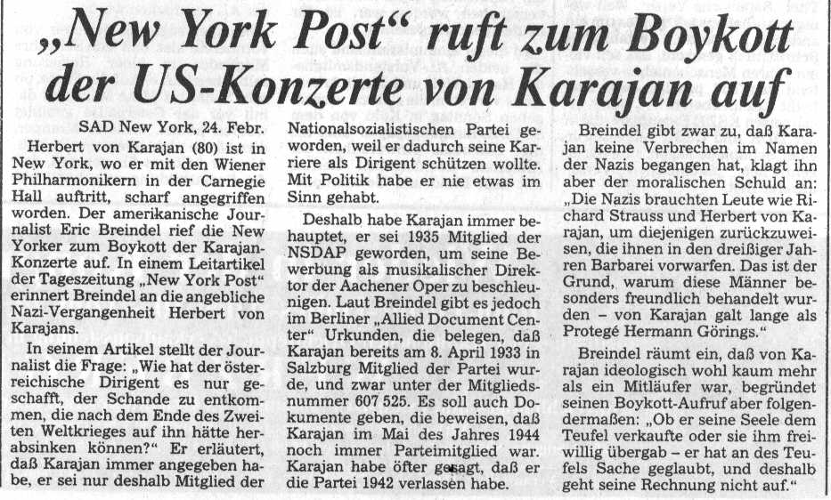 "New York Post" ruft zum Boykott der US-Konzerte von Karajan auf – 1
